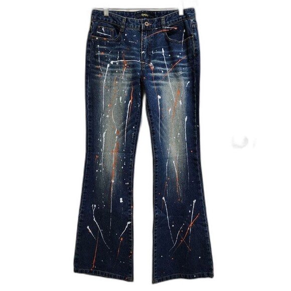 DOJ Jeans Womens 30 Blue Denim Paint Splatter Flare Distressed Grunge Y2K Boho - Picture 1 of 15
